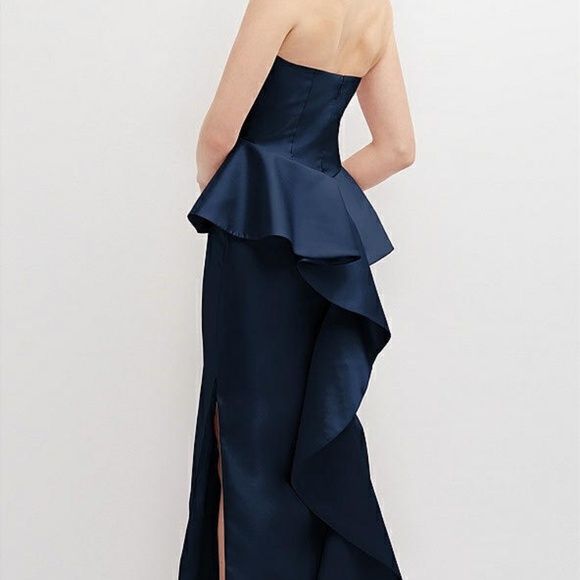 NEW ALFRED SUNG Midnight BLUE Strapless RUFFLE Peplum SATIN Column GOWN 12 - Picture 15 of 16